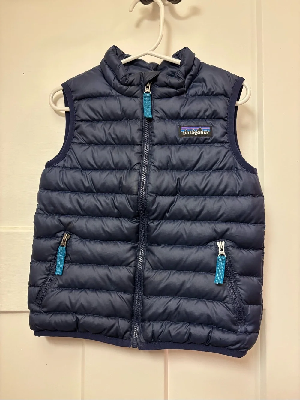 Patagonia Navy Blue Puffer Vest with Turquoise Zippers - Kids